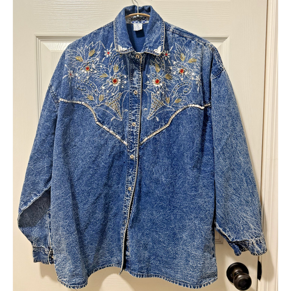 Vintage Pretty Bleu Denim Shirt Womens Large Acid Wash Western Rhinestone Embell
